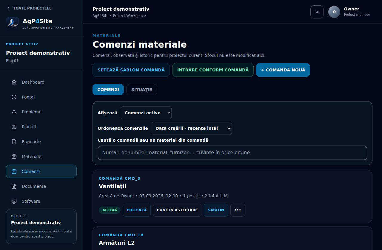 Ecranul real al modulului Comenzi, populat exclusiv cu date demonstrative