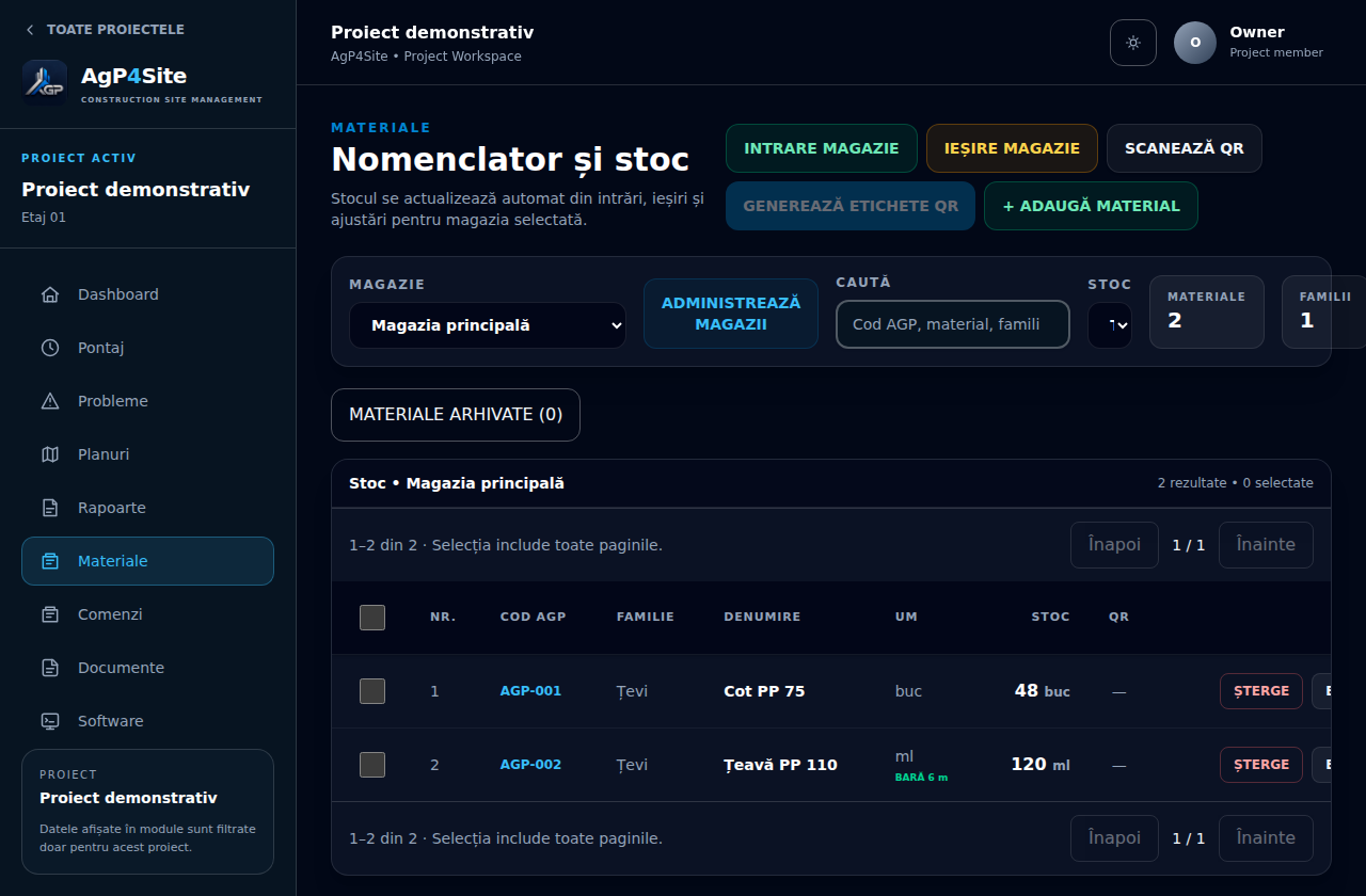 Ecranul real al modulului Materiale, populat exclusiv cu date demonstrative
